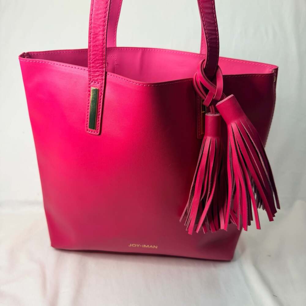 Joy & Iman Hot Pink Leather Tote Bag with Tassel, Interior Removable Organizer